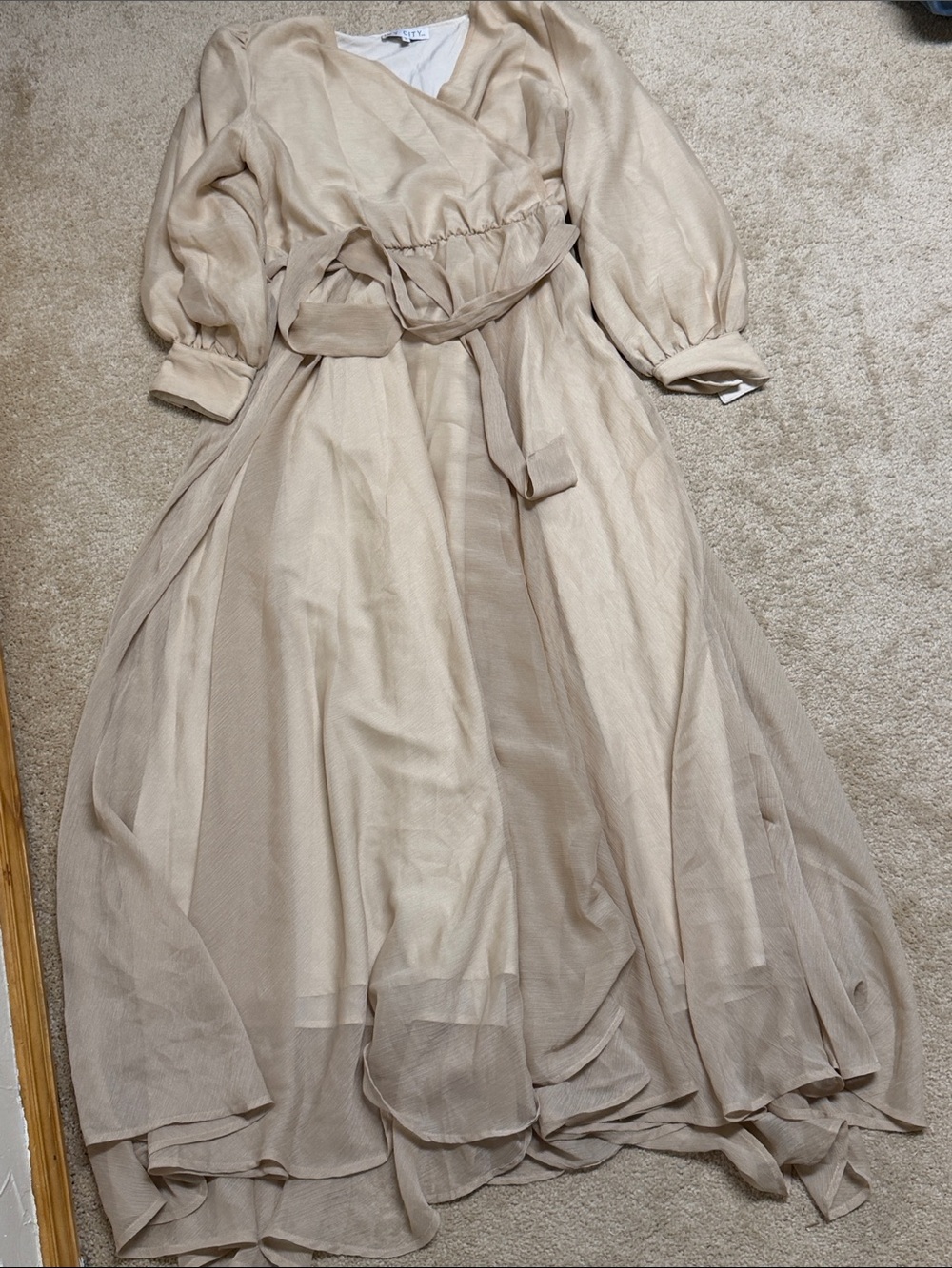 Ivy City Co Cream Maxi Wrap Dress with Tie Belt